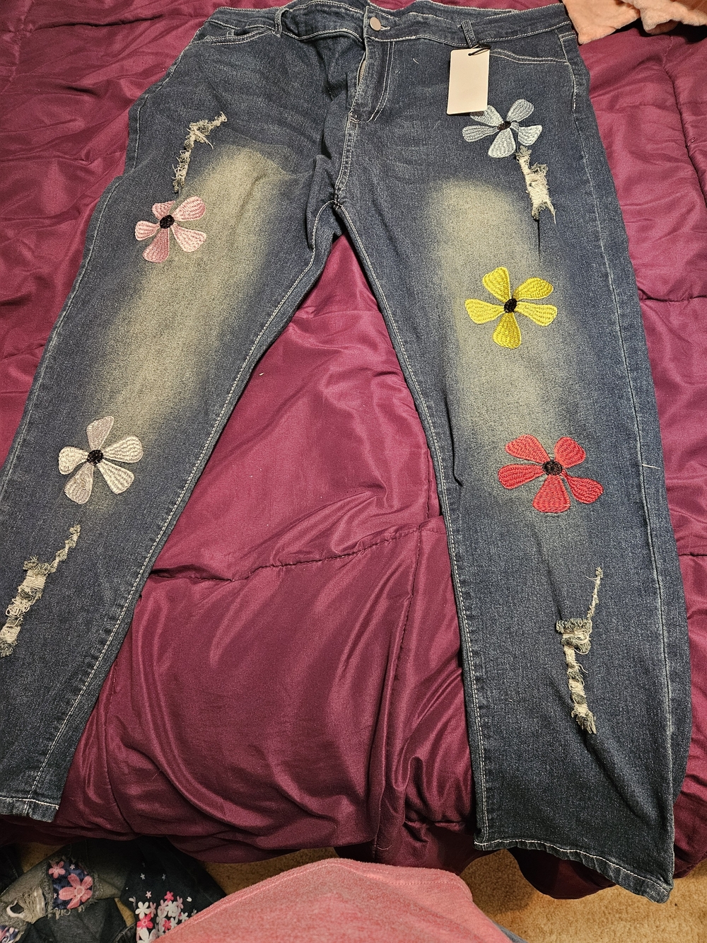 Embroidered Floral Distressed Women’s Jeans - Multicolor